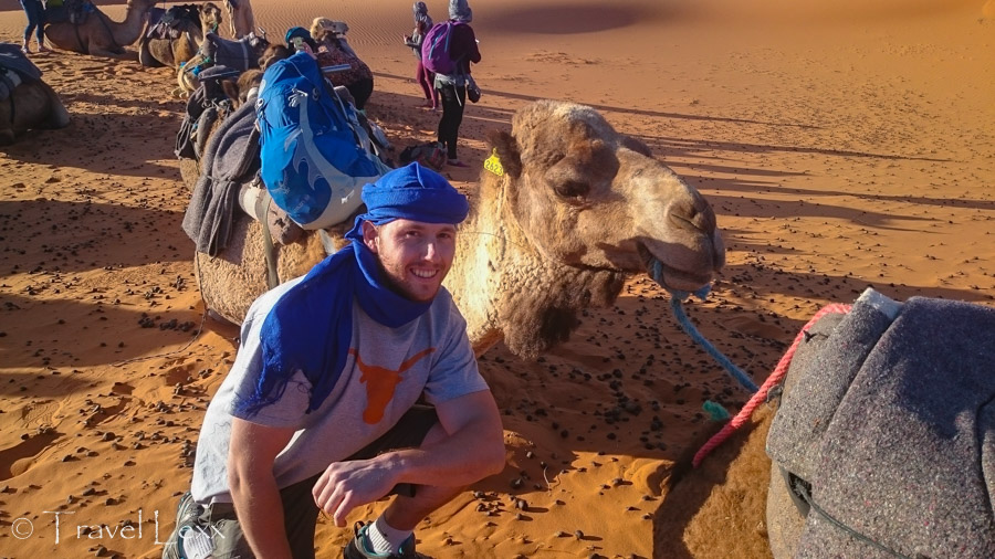 Wearing a traditional headdress of the Bedouin in Erg Chebbi, Morocco