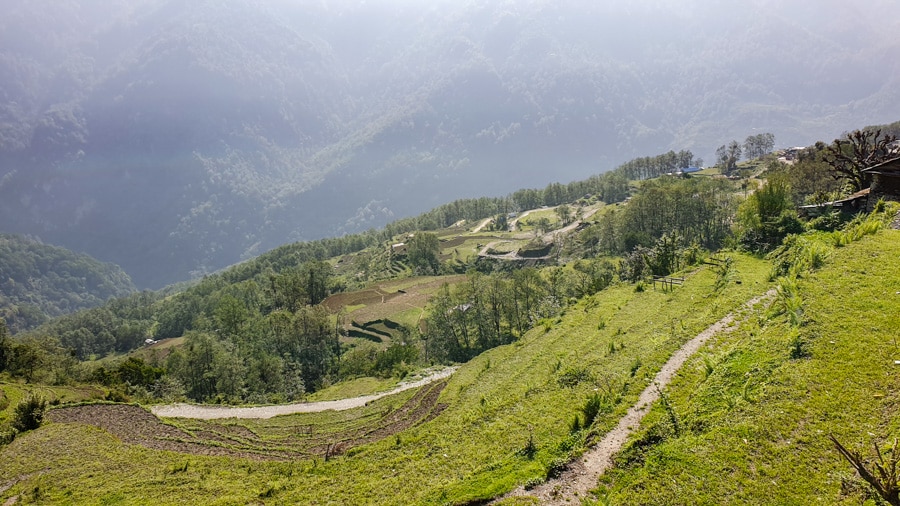 A view of the valley and mountains from the path between Ghandruk and Nayapul