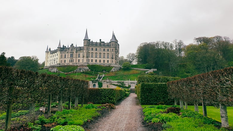 Dunrobin Castle rising above well-manicured gardens
